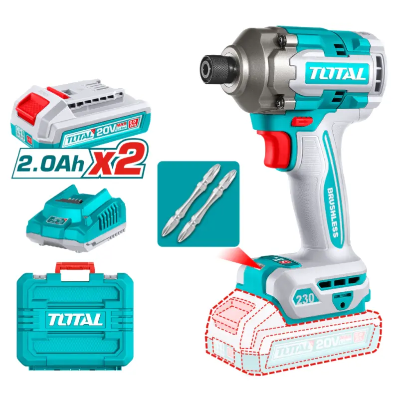 Atornillador de Impacto 20V BL 1/4 230Nm INDUSTRIAL TOTAL TIRLI2023-4 (MALETIN, CARGADOR, Y 2 BATERIAS 2Ah)