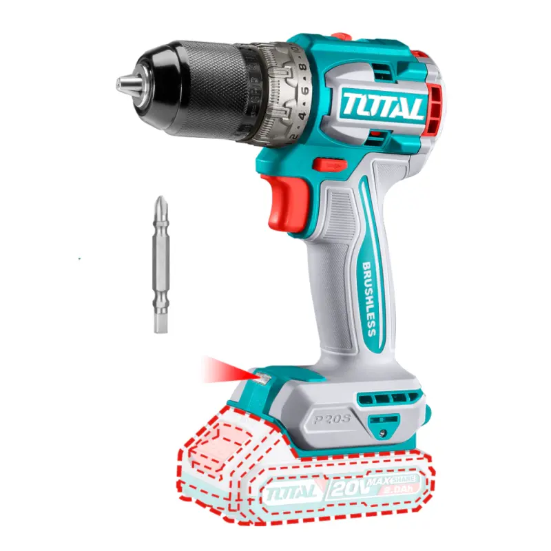 Taladro Inalambrico 20v Brushless 2000 rpm 60Nm Total TDLI206021
