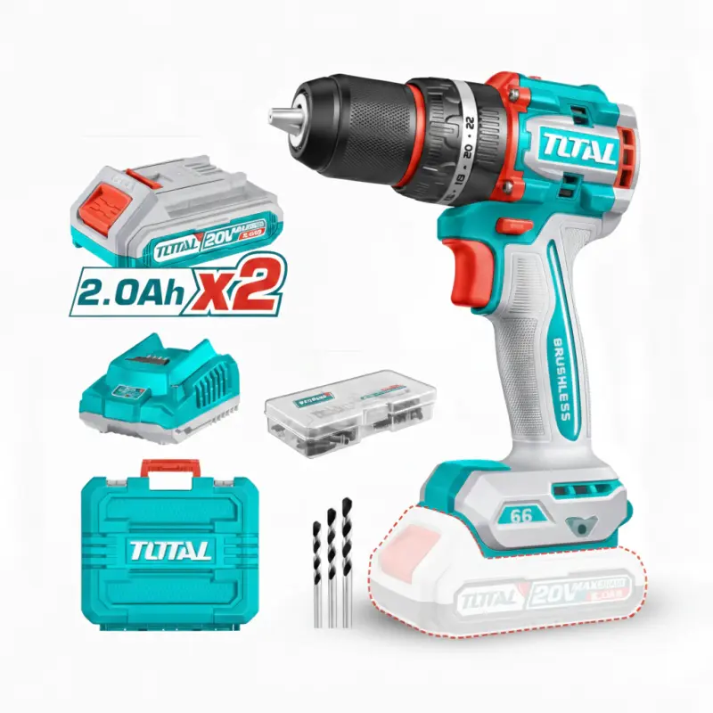 Taladro Percutor Brushless 20v 66Nm Total Con Baterias Y Cargador y accesorios TIDLI20668-4
