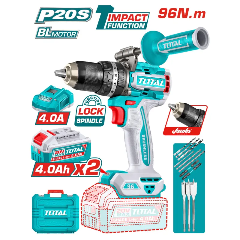 Taladro Percutor Inalámbrico Total 20V Brushless 96Nm con 2 Baterías 4Ah TIDLI209686-4