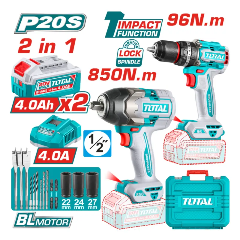 Kit Taladro Percutor 96Nm + Llave de Impacto 850Nm Total TOSLI250586