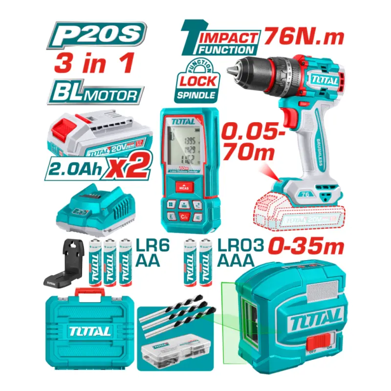 Kit Taladro Percutor 76Nm + Nivel Laser + Medidor Laser TOSLI250511-4