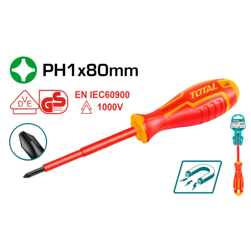 Destornillador Phillips alta tensión ph1 x 80mm 1000v TOTAL THTISPH180